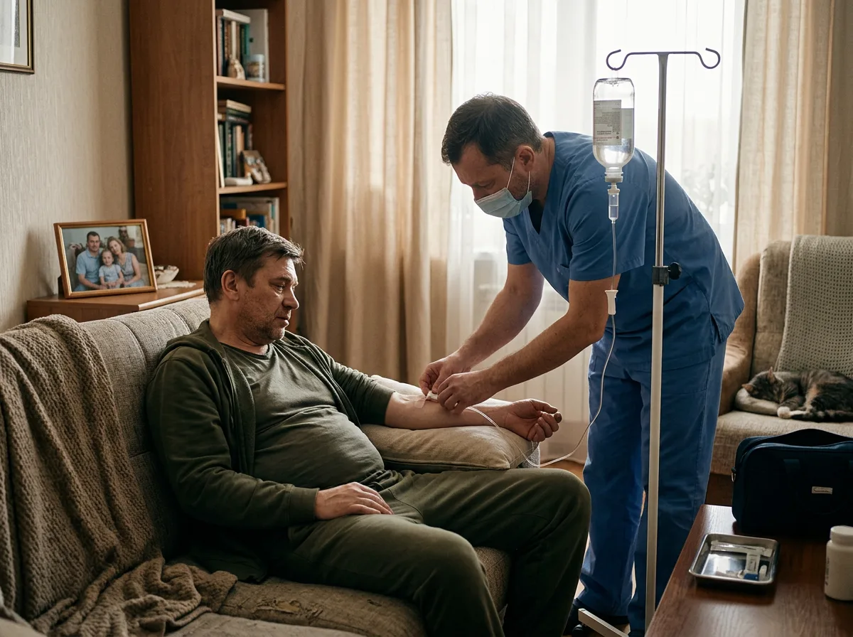 Врач ставит капельницу пациенту при выводе из запоя на дому, медицинская капельница с прозрачным раствором, домашняя обстановка, спокойная атмосфера
