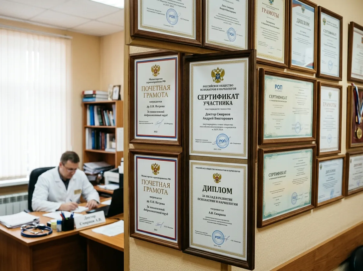 Документы о членстве в Российском обществе психиатров и наркологов, профессиональные награды и грамоты специалистов клиники